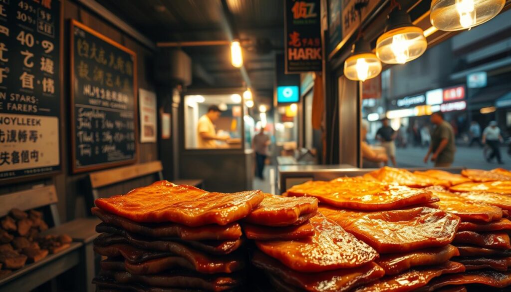 A cozy, dimly lit hidden gem of a roast meat stall in Singapore, the aroma of sizzling, crisp-skinned char siu and succulent sio bak filling the air. In the foreground, a gleaming stack of caramelized pork belly slices, each with a perfect balance of fat and lean. The middle ground showcases the stall's simple, rustic decor - worn wooden benches, chalkboard menus, and a glass display case showcasing the day's selection. In the background, the bustling streets of a local neighborhood, hinting at the authentic, neighborhood charm of this beloved establishment. Warm, golden lighting casts a comforting glow, setting the mood for a truly satisfying roast pork experience.