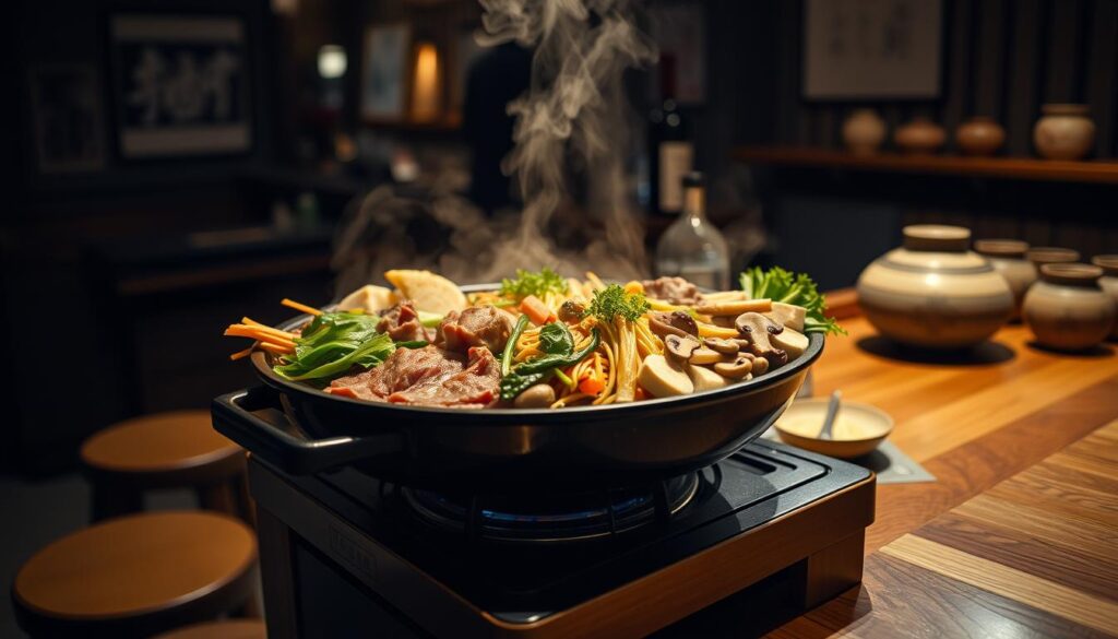 A cozy, dimly lit izakaya-style restaurant, with a wooden counter and low stools. On the counter, a sizzling hot pot of sukiyaki, surrounded by an assortment of fresh ingredients - thin-sliced beef, noodles, leafy greens, mushrooms, and tofu. The steam rises gently, casting a warm, inviting glow. In the background, a sake bottle and traditional Japanese pottery add to the authentic atmosphere. The scene is captured with a shallow depth of field, keeping the sukiyaki in crisp focus while the background is softly blurred. The overall mood is one of comfort, tradition, and the pleasure of sharing a delicious, communal meal.