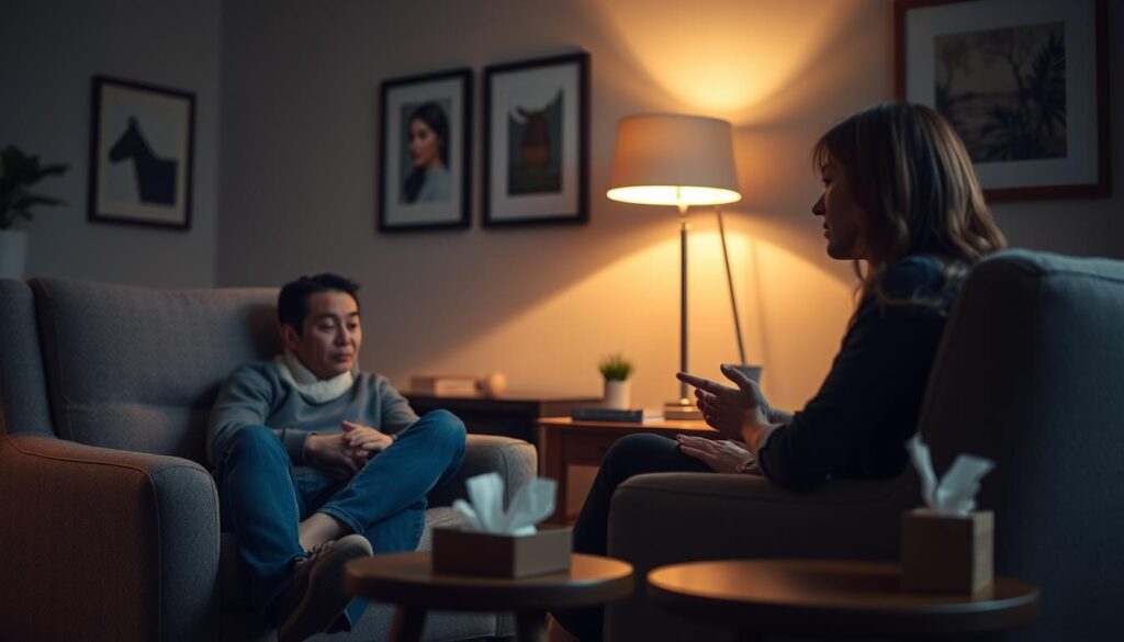 A cozy, dimly lit therapy room with plush armchairs and a calming atmosphere. A patient and therapist engaged in a deep, introspective discussion, their expressions conveying empathy and understanding. Soft, warm lighting from a floor lamp casts a gentle glow, creating an intimate and inviting ambiance. The background features neutral-toned walls adorned with tasteful artwork, and a wooden side table holds a box of tissues, suggesting a safe and comfortable space for emotional exploration. The camera angle is positioned to capture the interaction, with a shallow depth of field to focus the viewer's attention on the central figures.