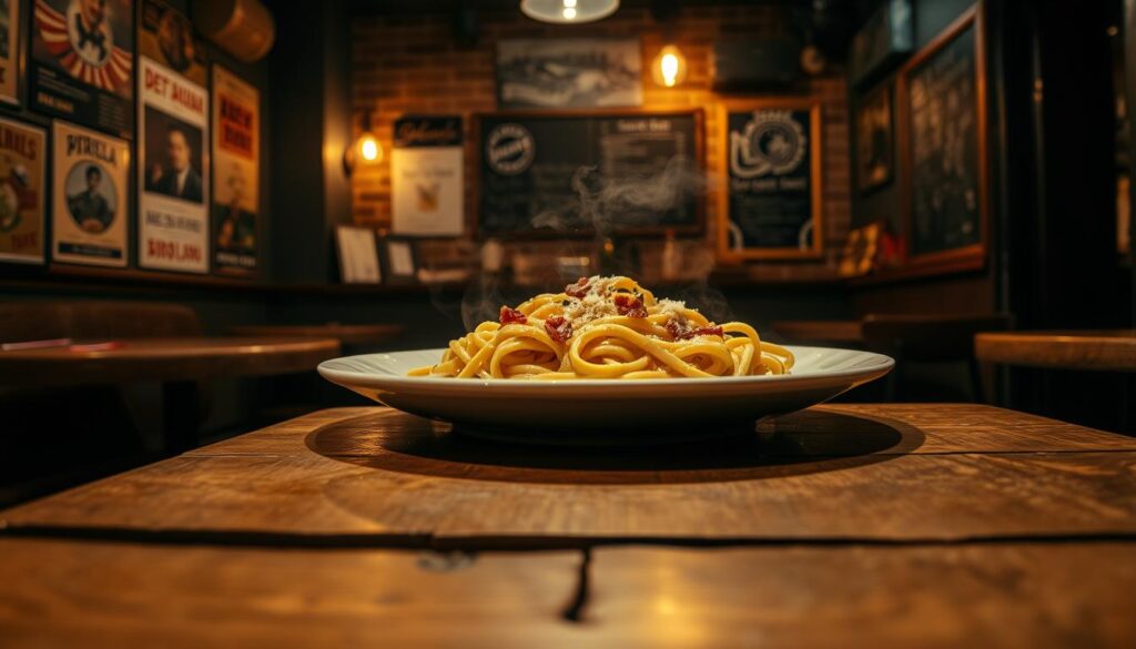 A cozy, dimly lit trattoria in Tanjong Pagar, Singapore. At the center, a plate of steaming carbonara, its creamy sauce glistening under the warm, soft lighting. Twirls of al dente spaghetti, specks of crisp pancetta, and a dusting of Parmesan dance across the dish. In the foreground, a simple wooden table, worn with time, sets the scene of an affordable, yet authentic Italian dining experience. The background features exposed brick walls, vintage posters, and a chalkboard menu, all conveying a sense of rustic elegance. The atmosphere is intimate, inviting diners to savor every bite of this affordable, yet exceptional carbonara.