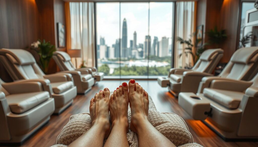 A cozy foot massage parlor in Singapore, filled with soft lighting and calming ambiance. In the foreground, a pair of happy, relaxed feet resting on a plush footrest, adorned with vibrant nail polish. The middle ground showcases elegant massage chairs and soothing décor, creating a tranquil and inviting atmosphere. The background features the cityscape of Singapore, with its iconic skyline and lush greenery, suggesting the perfect urban oasis for a rejuvenating foot treatment. The overall scene evokes a sense of comfort, relaxation, and the promise of an exceptional foot massage experience.