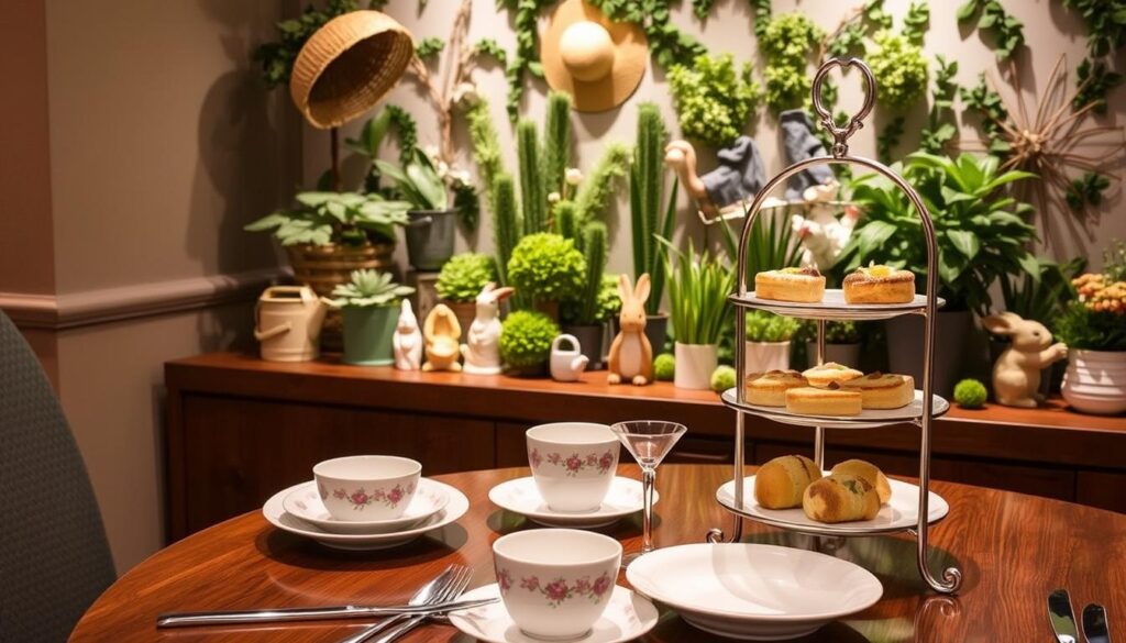 A cozy, high-tea setting at Skai restaurant, showcasing a Peter Rabbit-themed display. In the foreground, a wooden table is adorned with delicate floral china, silver cutlery, and a tiered tray of bite-sized pastries and scones. Mid-ground, a lush, garden-inspired backdrop features verdant potted plants, whimsical figurines, and subtle nods to the classic children's tale, such as a straw hat and watering can. The lighting is soft and warm, creating a welcoming, intimate atmosphere. The overall scene evokes a sense of refined elegance and playful nostalgia, perfectly capturing the essence of Skai's seasonal Peter Rabbit-themed high tea experience.