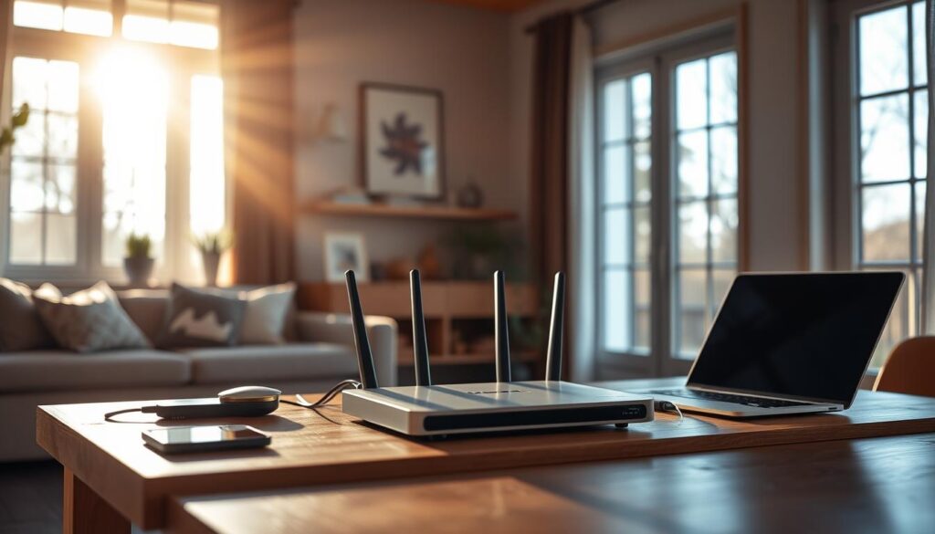 A cozy home interior showcasing a modern fiber optic internet router on a sleek, minimalist wooden table. Sunlight streams through large windows, casting a warm, inviting glow. The router is the focal point, surrounded by smart home devices and a laptop, all connected by glowing fiber optic cables. The scene conveys the reliable, high-speed connectivity of a quality fiber broadband plan, perfect for medium-sized households' daily online needs.