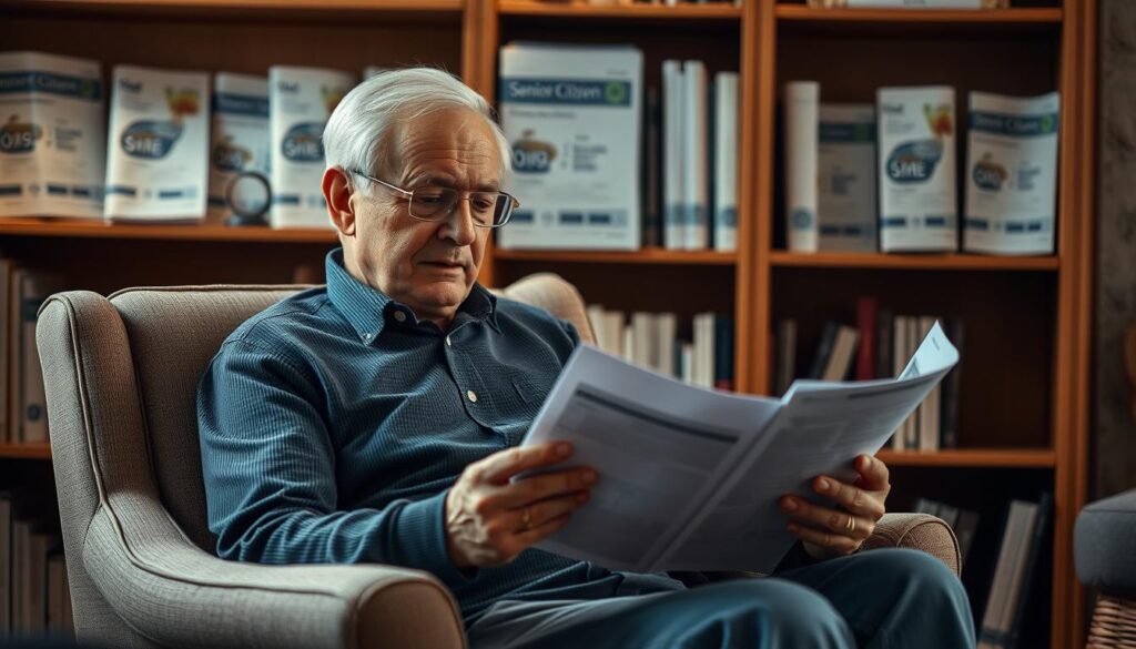 A cozy interior scene featuring an elderly man sitting in a comfortable armchair, meticulously reviewing financial documents. Soft, warm lighting casts a gentle glow, highlighting the man's serene expression as he contemplates the benefits of his senior citizen fixed deposit. In the background, a wooden bookshelf laden with financial literature sets the stage for this thoughtful moment. The composition emphasizes the man's focus and the sense of security that comes with prudent financial planning in his golden years.