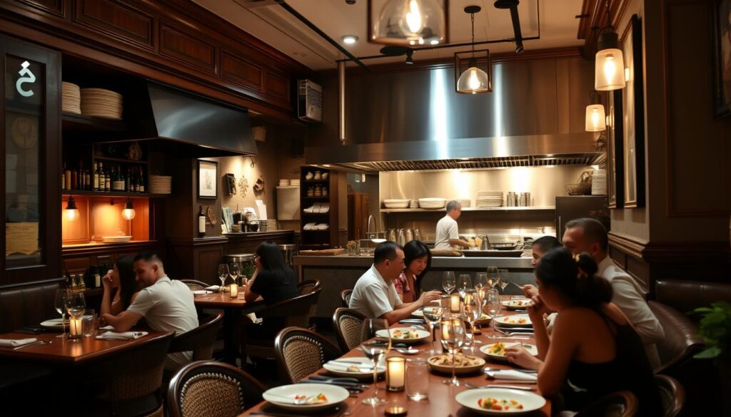 A cozy, intimate Italian restaurant nestled in the heart of Bukit Timah, its unassuming facade concealing a warm, inviting ambiance. The interior exudes a charming, old-world elegance, with rich wooden accents, soft lighting, and classic Italian decor. The focal point is a large, open kitchen where skilled chefs meticulously prepare their signature dishes, the aroma of simmering sauces and freshly baked bread wafting through the air. In the foreground, a group of diners savor their meal, engrossed in lively conversation, while the background reveals a cozy, intimate setting perfect for a quiet, romantic evening. The scene is captured in a warm, golden glow, evoking the essence of a hidden gem in Singapore's culinary landscape.
