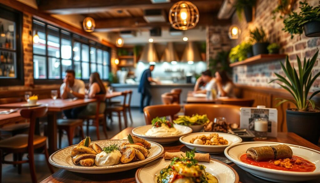 A cozy, intimate Mediterranean small plates restaurant with warm, inviting lighting and a rustic, charming ambiance. Wooden tables and chairs, exposed brick walls, and potted herbs line the space, creating a casual yet refined atmosphere. In the foreground, a selection of colorful, artfully presented small plates, such as grilled octopus, hummus, and dolmades, adorn the tabletop. In the middle ground, patrons enjoy their meals, engaged in lively conversation. The background features a softly blurred open kitchen, where the chefs skillfully prepare the dishes using fresh, high-quality ingredients.