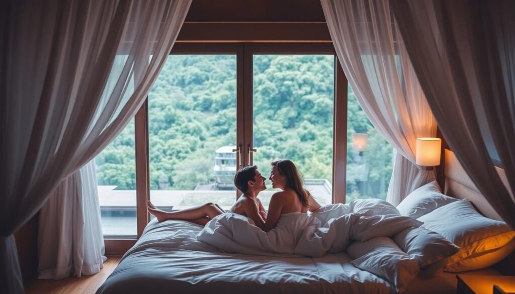 A cozy, intimate hotel room bathed in warm, soft lighting. In the foreground, a romantic couple relaxing on a plush, king-size bed, their limbs intertwined as they gaze into each other's eyes. Lush, draped curtains frame the scene, creating a sense of privacy and intimacy. Outside the window, a lush, verdant landscape can be glimpsed, hinting at the tranquil, rejuvenating setting of the getaway. The overall atmosphere is one of pure, indulgent bliss, capturing the essence of a luxurious, couples-focused retreat.