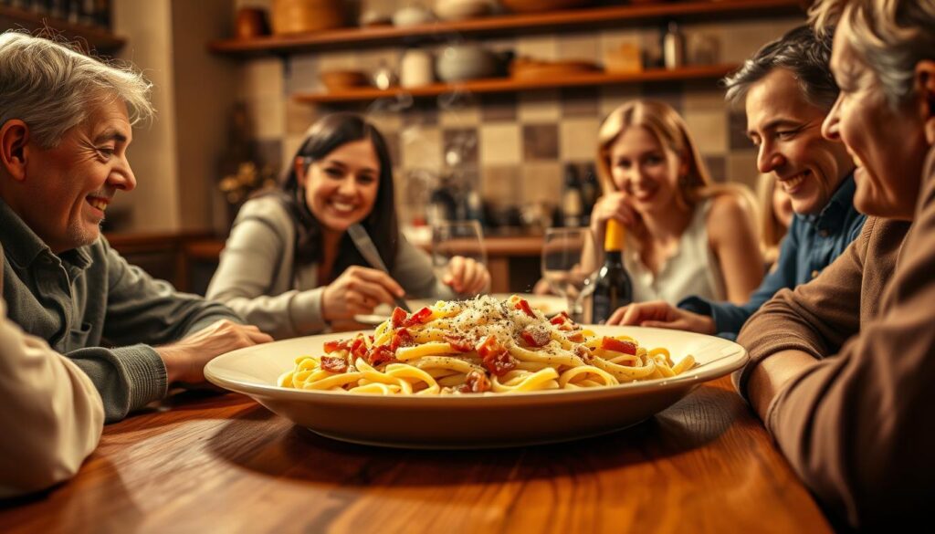 A cozy, intimate trattoria setting with a family gathered around a wooden table, sharing a hearty plate of carbonara. Soft, warm lighting casts a golden glow, highlighting the rich, creamy sauce and perfectly al dente pasta. Wisps of steam rise, carrying the aroma of crisp pancetta, grated Parmesan, and cracked black pepper. In the background, a tiled wall and rustic shelves evoke the authentic charm of an Italian kitchen. The expressions of the family members convey a sense of contentment and togetherness, savoring the comforting flavors of a beloved, time-honored dish.