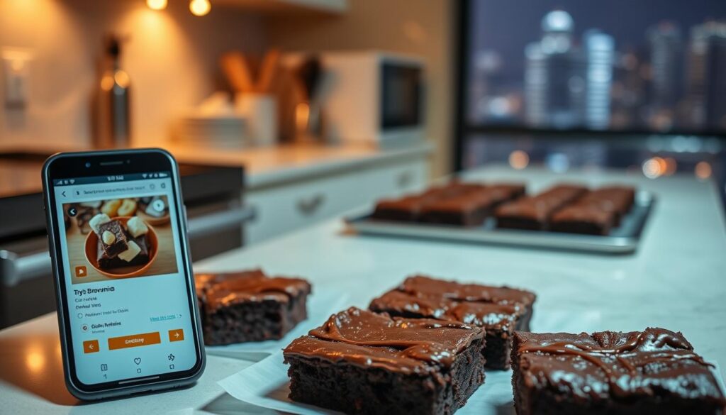 A cozy kitchen counter, filled with a tempting array of homemade brownies, freshly baked and glistening with a rich chocolate glaze. In the foreground, a smartphone displays an online ordering page, its screen reflecting the warm, inviting ambiance. Soft, diffused lighting casts a gentle glow, creating a sense of comfort and indulgence. The brownies are arranged artfully, their deep, fudgy textures and tempting aroma beckoning the viewer to indulge. In the background, a blurred cityscape sets the scene, hinting at the accessibility of these decadent treats even in the bustling heart of Singapore.