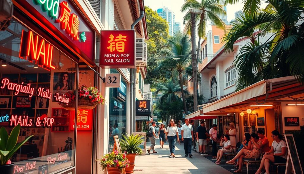 A cozy neighborhood in Singapore, sun-drenched streets lined with mom-and-pop nail salons. In the foreground, an inviting storefront with vibrant neon signs, its window displays showcasing an array of polished nails and intricate designs. Potted plants and hanging baskets add a touch of greenery, while the facade is adorned with a retro-chic aesthetic. The middle ground reveals a diverse mix of patrons, from busy professionals to fashionable locals, immersed in the relaxing ritual of a manicure or pedicure. In the background, a tapestry of colorful, modern high-rises and lush tropical foliage, creating a harmonious blend of urban and natural elements. Warm, diffused lighting sets a serene, welcoming atmosphere, inviting passersby to step inside and indulge in a moment of self-care.