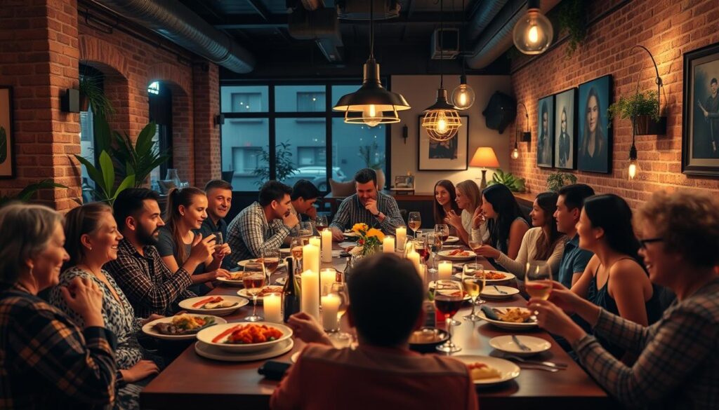 A cozy restaurant interior with a large communal table surrounded by a diverse group of friends enjoying a lively supper. Warm, inviting lighting casts a soft glow over the scene, with candles flickering on the table and ambient pendant lights overhead. The group is engaged in animated conversation, with plates of various shared dishes and glasses of wine or cocktails dotting the table. The atmosphere feels vibrant and social, with a sense of camaraderie and conviviality among the patrons. The background features stylish decor elements like exposed brick walls, potted plants, and artwork, creating an aesthetically pleasing ambiance. A wide-angle lens captures the full scene, emphasizing the welcoming, group-friendly vibe of the setting.