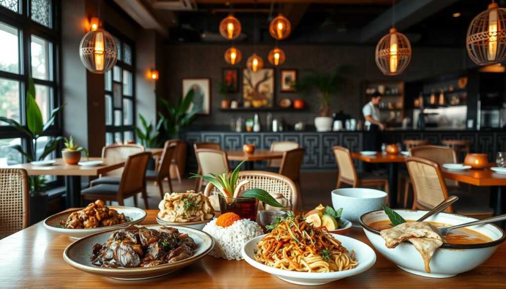 A cozy restaurant interior with warm lighting and contemporary Peranakan decor. In the foreground, a feast of modern Peranakan dishes is laid out on a wooden table - tender beef rendang, fragrant nasi goreng, colorful laksa with bouncy noodles, and delicate kueh-kueh. The middle ground showcases the chic yet inviting ambiance, with rattan chairs, potted plants, and tasteful wall art. The background hints at the restaurant's heritage, with intricate Peranakan tiles and a glimpse of the open kitchen where chefs skillfully prepare the time-honored recipes with a fresh, creative twist. The overall scene evokes a sense of comfort, tradition, and culinary innovation.