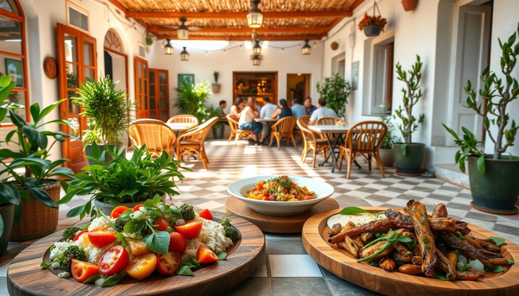 A cozy, sun-drenched Mediterranean restaurant with a charming outdoor patio, featuring lush potted plants, woven rattan furniture, and a vibrant tiled floor. The foreground showcases a selection of vegetarian Mediterranean dishes, such as a colorful salad, hummus, and roasted vegetables, served on rustic wooden platters. The middle ground depicts a mix of diners enjoying their meals, with the background revealing a warm, inviting interior with whitewashed walls, hanging string lights, and a few potted olive trees. The overall atmosphere evokes a sense of relaxation, healthy living, and the flavors of the Mediterranean.