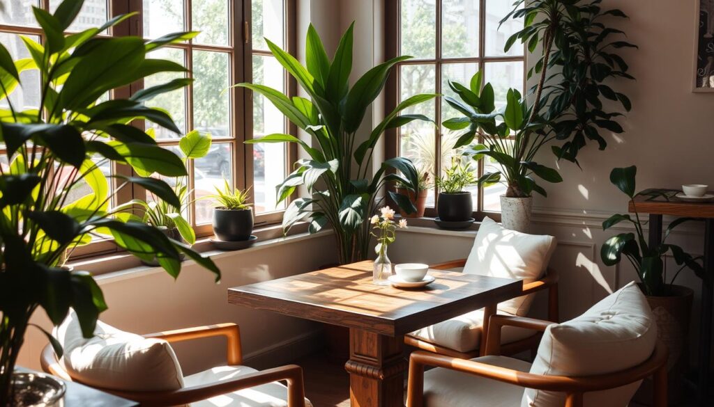 A cozy, sun-drenched corner of a charming cafe in Singapore, with plush cushioned chairs surrounding a rustic wooden table. The space is adorned with lush potted plants, their verdant leaves filtering the natural light that streams in through large windows. A single vase of fresh flowers adds a delicate touch, complementing the muted tones of the decor. The atmosphere is serene and inviting, perfect for an unhurried weekend brunch with close friends or a quiet moment of solitude, sipping on a aromatic cup of coffee.