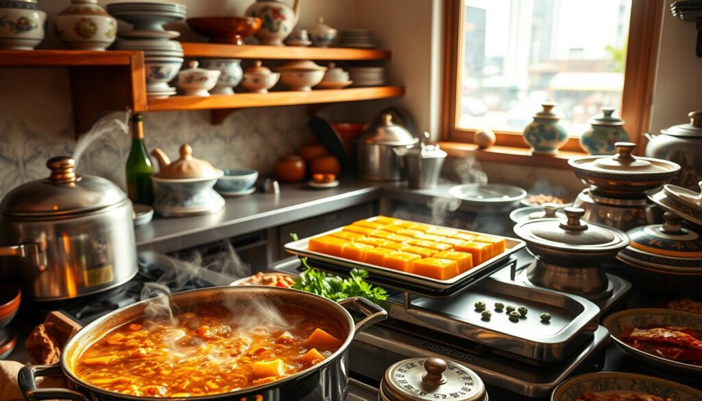A cozy, sunlit Peranakan kitchen, its countertops laden with an array of aromatic Nonya dishes. In the foreground, a steaming pot of rich, coconut-infused stew, surrounded by fragrant ingredients like turmeric, shallots, and fresh herbs. In the middle ground, a tray of golden-brown kueh lapis, their intricate layers beckoning. Ornate porcelain bowls and platters line the shelves, casting warm reflections. Through the window, a glimpse of the bustling Orchard Road, hinting at the vibrant culture and community that inspire this heartfelt cuisine. Soft, diffused lighting illuminates the scene, evoking a sense of familial togetherness and cherished traditions.