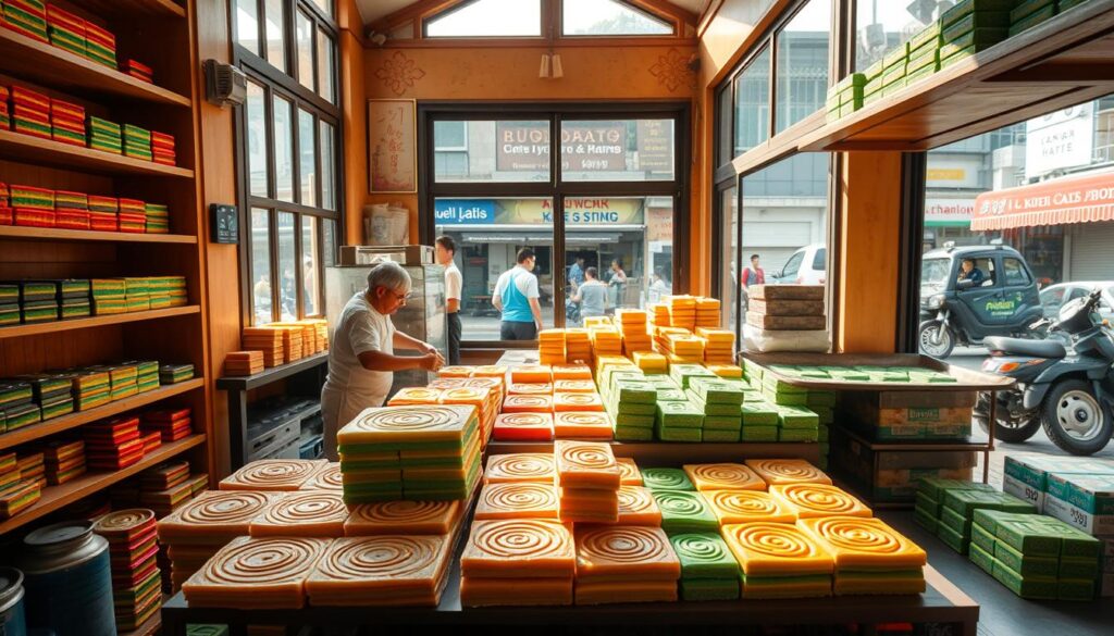 A cozy, traditional kueh lapis bakery nestled in the heart of Singapore's bustling neighborhood. The interior features warm, wooden accents and shelves brimming with freshly baked kueh lapis in an array of vibrant colors. Sunlight streams through large windows, casting a soft, golden glow on the display of these time-honored delicacies. In the foreground, a skilled baker carefully layers the fragrant pandan-infused batter, creating the signature striped pattern. The middle ground showcases a variety of kueh lapis, each slice a work of art, adorned with intricate designs. In the background, the bustling streets of Singapore are visible, a testament to the bakery's enduring legacy and the deep-rooted traditions of this beloved local treat.