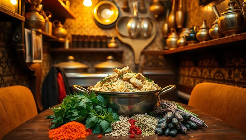 A cozy, tucked-away nook nestled in the heart of the city, where the aroma of fragrant spices and slow-cooked meats envelops the senses. Warm lighting casts a soft glow, illuminating the traditional decor - intricately patterned tiles, hand-carved wooden accents, and brass utensils gleaming on the shelves. At the center, a steaming pot of biryani, its layers of fluffy basmati rice, tender chicken, and aromatic herbs, a culinary masterpiece waiting to be unearthed. Clusters of vibrant, fresh herbs and spices adorn the table, hinting at the authentic flavors within. This hidden gem, a well-kept secret among the local food connoisseurs, offers a truly immersive and delectable experience, transporting diners to the heart of South Asian cuisine.