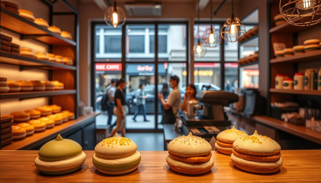 A cozy, well-lit bakery interior with shelves displaying an array of artisanal cream puffs in seasonal flavors. The puffs are presented on a wooden counter, their delicate pastry shells glistening under soft, warm lighting. In the foreground, a variety of flavors are showcased, such as matcha green tea, salted caramel, and yuzu. In the middle ground, a barista prepares a latte, the steam gently rising. The background features large windows overlooking a bustling Singapore street scene, with people passing by outside. The overall mood is one of indulgence, comfort, and a celebration of local flavors.