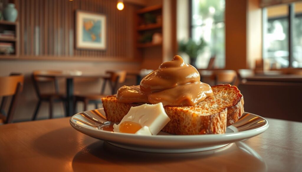 A cozy, well-lit cafe interior showcasing a plate of artfully presented kaya toast. The golden-brown toast is topped with a generous dollop of rich, creamy kaya spread, accompanied by a pat of butter and a small dish of fragrant coconut jam. The lighting casts a warm, inviting glow, highlighting the contrasting textures and creating an enticing, mouthwatering scene. A subtle backdrop of wood tones and minimalist decor complements the simplicity and elegance of the kaya toast presentation, conveying a sense of understated sophistication and culinary appreciation.