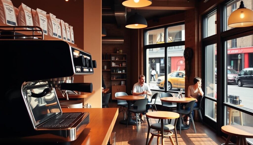 A cozy, well-lit cafe interior with warm, rustic tones. In the foreground, a sleek, modern espresso machine sits atop a wooden counter, its chrome fittings gleaming. Behind it, shelves display neatly arranged bags of Nylon Coffee Roasters' specialty blends, their packaging featuring clean, minimalist designs. In the middle ground, a few customers sit at small, round tables, sipping their drinks and engaged in conversation. Large windows line the walls, letting in natural light and offering a glimpse of the bustling street outside. The overall atmosphere is one of artisanal quality, attention to detail, and a passion for exceptional coffee. A cozy, well-lit cafe interior with warm, rustic tones. In the foreground, a sleek, modern espresso machine sits atop a wooden counter, its chrome fittings gleaming. Behind it, shelves display neatly arranged bags of Nylon Coffee Roasters' specialty blends, their packaging featuring clean, minimalist designs. In the middle ground, a few customers sit at small, round tables, sipping their drinks and engaged in conversation. Large windows line the walls, letting in natural light and offering a glimpse of the bustling street outside. The overall atmosphere is one of artisanal quality, attention to detail, and a passion for exceptional coffee.