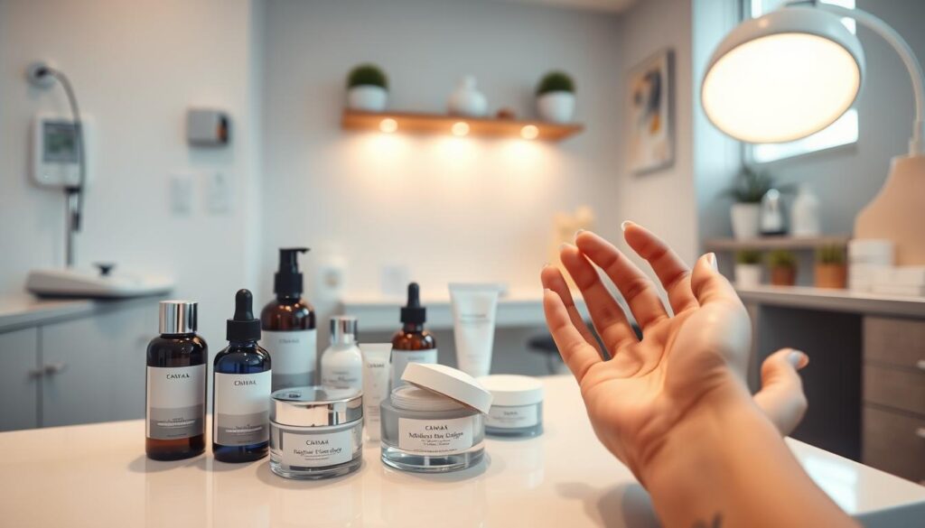 A cozy, well-lit examination room in a modern medical clinic. On the desk, an array of skincare products - serums, creams, and cleansers in sleek, minimalist packaging. The soft, diffused lighting creates a welcoming atmosphere, highlighting the products' textures and colors. In the foreground, a patient's hand reaches out to examine a moisturizer, their expression contemplative. The background features subtle medical equipment and decor, suggesting a professional, yet approachable setting for accessible dermatological treatments.