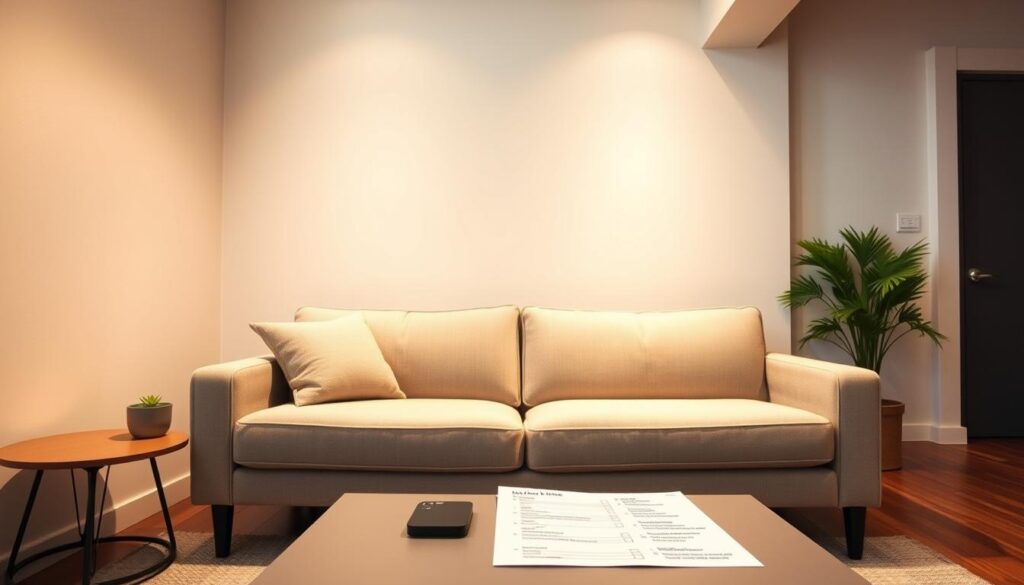 A cozy, well-lit living room with a small-scale sofa in the foreground, showcasing a checklist of sofa-buying considerations for compact Singaporean homes. The sofa is positioned at a slight angle, allowing a clear view of the checklist items laid out on a minimalist coffee table. The background features neutral-toned walls, a potted plant, and subtle architectural details that suggest a modern, urban setting. The lighting is warm and inviting, casting a soft glow over the scene. The overall mood is one of practical, thoughtful design tailored to the needs of small-space living.