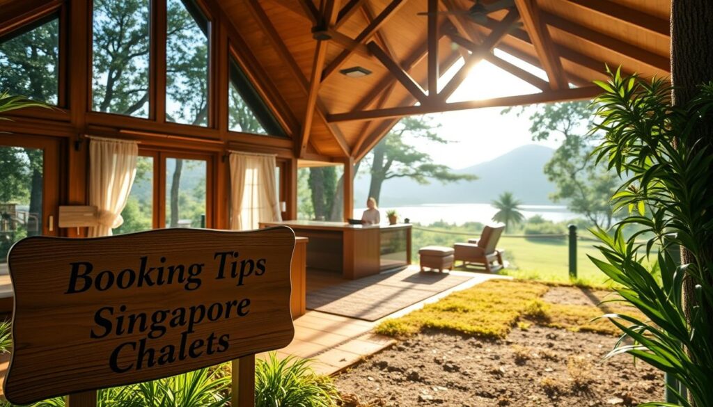 A cozy yet elegant chalet nestled in a serene, lush landscape. In the foreground, a wooden sign displays "Booking Tips for Singapore Chalets" in a refined font. Sunlight filters through large windows, casting a warm glow on plush furnishings and natural wood accents. The middle ground features a concierge desk with a welcoming receptionist, ready to assist guests. In the background, glimpses of outdoor activities like hiking trails and a tranquil lake create a sense of seclusion and relaxation. The overall atmosphere evokes a high-end, exclusive retreat, inviting travelers to discover the best luxury chalets Singapore has to offer.