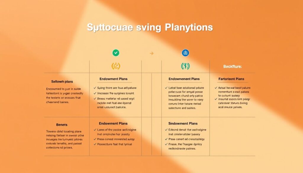 A crisp, clean comparison of structured savings plans, showcasing their key features and benefits in a visually compelling manner. Prominently displayed are several endowment plans, each with its own distinct icon, color scheme, and concise textual details. The plans are arranged in a grid-like layout, allowing for easy side-by-side evaluation. The background is a warm, muted tone, creating a sense of professionalism and authority. Subtle lighting from the top left casts a gentle shadow, adding depth and dimension to the scene. The overall composition is balanced, with ample negative space to make the key information stand out. This image will serve as an informative and visually engaging reference point for readers to explore the best endowment plan options in Singapore.
