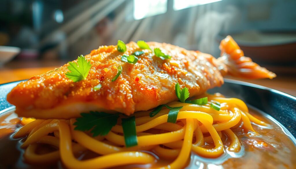 A crispy golden-brown battered fish filet glistening with oil, resting atop a bed of springy yellow noodles, garnished with fresh sprigs of cilantro and slivers of green onion. The noodles are submerged in a rich, savory lor mee gravy, the sauce thickened to a smooth, glossy consistency. Beams of warm, natural lighting cast a soft glow over the scene, accentuating the dish's enticing textures and vibrant colors. The image is captured at a low angle, putting the viewer eye-level with the lor mee, creating an immersive and appetite-whetting perspective.