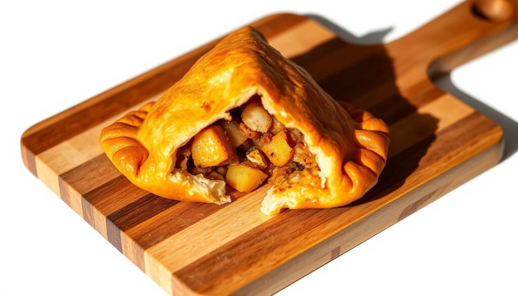 A crispy, golden-brown curry puff rests on a wooden cutting board, its flaky pastry shell shimmering under the warm, soft lighting. The savory filling of aromatic curry chicken, diced potatoes, and fragrant spices oozes out, tempting the senses. The puff's distinct triangular shape casts a dramatic shadow, adding depth and dimension to the scene. The background is a clean, minimalist white, allowing the curry puff to be the undisputed focal point. The composition is balanced, with the puff positioned slightly off-center, creating a sense of visual interest and a professional, editorial-style presentation.