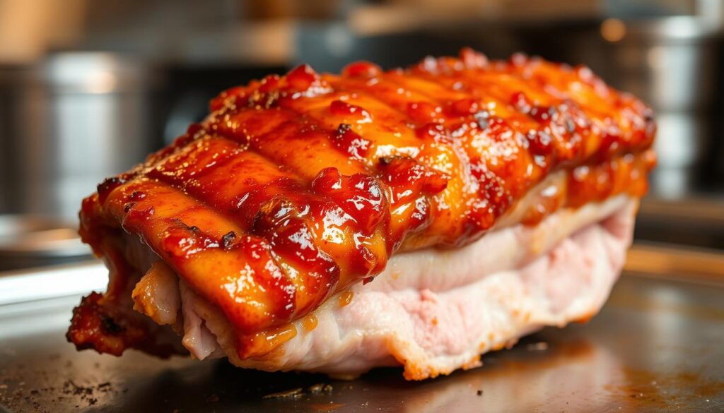A crispy, golden-brown roast pork skin, glistening under the warm, soft light of a professional kitchen. The skin is perfectly rendered, with a delicate crackle that shatters satisfyingly between the teeth. The pork has been expertly cooked, with the meat beneath the skin tender and juicy. The image captures the mouthwatering essence of the best roast pork, a true delight for any Singaporean foodie.
