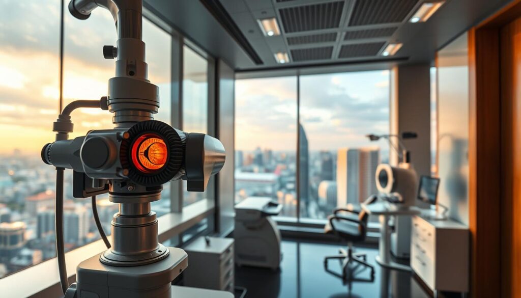 A cutting-edge ophthalmology clinic in a sleek, modern high-rise. In the foreground, a close-up view of a slit lamp examination, the doctor's hands delicately inspecting a patient's eye. In the middle ground, advanced diagnostic equipment like optical coherence tomography scanners. The background reveals a panoramic view of the vibrant Singapore skyline, bathed in warm, golden-hour lighting. An atmosphere of innovation, precision, and world-class eye care.