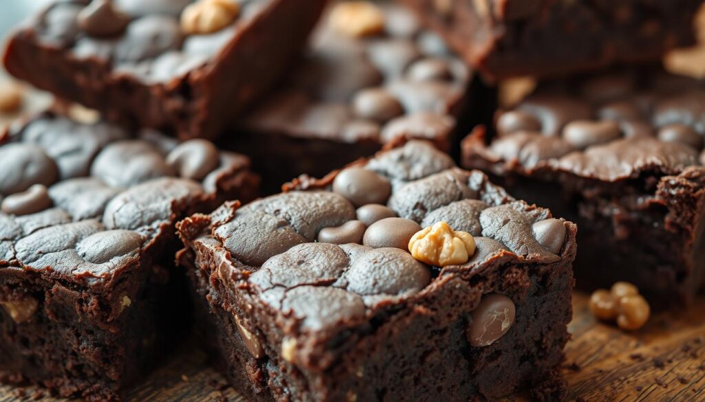 A decadent close-up shot of freshly baked chocolate brownies, their rich, fudgy texture glistening under soft, warm lighting. The crackly top gives way to a moist, indulgent interior, dotted with melted chocolate chips and walnuts. The brownies are arranged artfully on a rustic wooden surface, with a few crumbs scattered around, hinting at their irresistible taste. The scene exudes a cozy, inviting atmosphere, drawing the viewer in with the promise of a truly satisfying sweet treat.