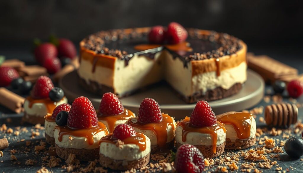 A decadent display of "Dirty Cheesecake" flavors, captured in a cinematic still life. In the foreground, a cluster of bite-sized cheesecake bites, their surfaces adorned with glistening crumbs, caramel drizzles, and artfully placed berries. The middle ground features a larger, artfully sliced cheesecake, its creamy filling contrasting with the dark, indulgent crust. Surrounding this central display, a scattering of ingredients - crumbled graham crackers, fresh fruit, a drizzle of honey - hinting at the sinful flavors within. Bathed in soft, warm lighting that casts dramatic shadows, the overall scene evokes a sense of temptation and decadence, inviting the viewer to indulge in these "Dirty Cheesecake" delights.