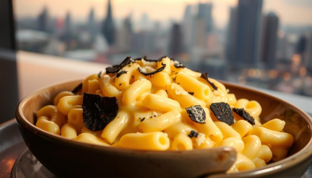 A decadent plate of mac and cheese, brimming with silky truffle-infused cheese sauce and garnished with delicate shavings of black truffle. The pasta is perfectly al dente, nestled in a shallow ceramic dish, casting a warm, inviting glow under the soft, diffused lighting. In the background, a blurred cityscape of Singapore's iconic skyline, hinting at the vibrant culinary scene that has given rise to this indulgent creation. The overall atmosphere is one of luxurious comfort, enticing the viewer to dive into this exceptional, truffle-elevated take on a classic comfort food.