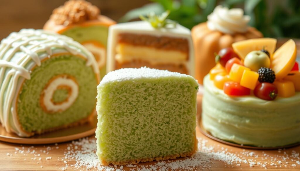 A delectable array of unique pandan chiffon cake variations, each with its own captivating twist. In the foreground, a light and fluffy pandan chiffon cake, adorned with a vibrant green hue and a dusting of powdered sugar. Surrounding it, an assortment of intriguing interpretations - a pandan chiffon cake roll drizzled with coconut glaze, a pandan chiffon cake layered with rich custard, and a pandan chiffon cake topped with a medley of tropical fruits. The cakes are captured in a warm, inviting setting, bathed in soft, natural lighting that highlights their delicate textures and vibrant colors. The overall atmosphere conveys a sense of celebration and culinary creativity, inviting the viewer to explore the endless possibilities of this beloved Singaporean dessert.