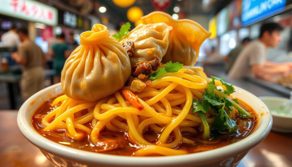 A delectable bowl of wanton mee noodles, freshly prepared with tender egg noodles and plump, savory dumplings. The noodles are glistening under the warm lighting, their yellow hue complemented by the deep brown sauce that coats them. Crisp greens and crunchy fried shallots add texture and flavor, while the dumplings sit atop the noodles, their translucent wrappers revealing the juicy pork filling within. The scene is set against a backdrop of a bustling Singaporean hawker center, with the energy and atmosphere of a vibrant local dining experience. A mouthwatering representation of this beloved Singaporean comfort food classic.