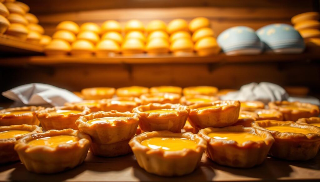 A delectable display of the finest egg tarts from Singapore's top bakeries, captured in a warm, inviting setting. The tarts gleam with a golden, flaky crust, their smooth custard centers glistening. Set against a backdrop of rustic wooden shelves, the arrangement evokes the cozy atmosphere of a traditional pastry shop. Soft, natural lighting casts a gentle glow, emphasizing the tarts' irresistible appeal. The scene exudes a sense of artisanal craftsmanship and culinary excellence, beckoning the viewer to indulge in these beloved Singaporean delights.