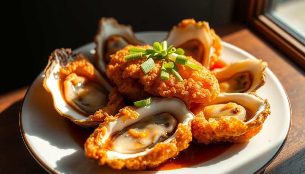 A delectable plate of Ghim Guan's signature fried oyster, featuring plump, juicy oysters nestled in a crispy golden-brown batter. The oysters are arranged artfully, their textures and colors in perfect harmony. Slivers of scallions and a drizzle of savory sauce add depth and contrast, elevating the dish. Soft natural lighting illuminates the scene, casting a warm, inviting glow. The composition is balanced, with the oysters as the focal point, surrounded by a minimalist background that allows the ingredients to shine. The overall atmosphere is one of mouthwatering anticipation, hinting at the satisfying flavors and textures to come.