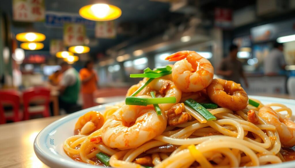 A delectable plate of seafood hor fun, steaming hot and glistening with a savory sauce. In the foreground, fresh noodles entwine with succulent shrimp, squid, and fish slices, expertly stir-fried to perfection. The middle ground reveals a vibrant array of crunchy bean sprouts, tender Chinese chives, and fragrant garlic. In the background, a dimly lit hawker center setting, with the faint aroma of charcoal-fired woks and the bustling energy of local diners. Lit by warm, golden overhead lighting, the scene evokes the comforting nostalgia of a beloved Singaporean street food classic.