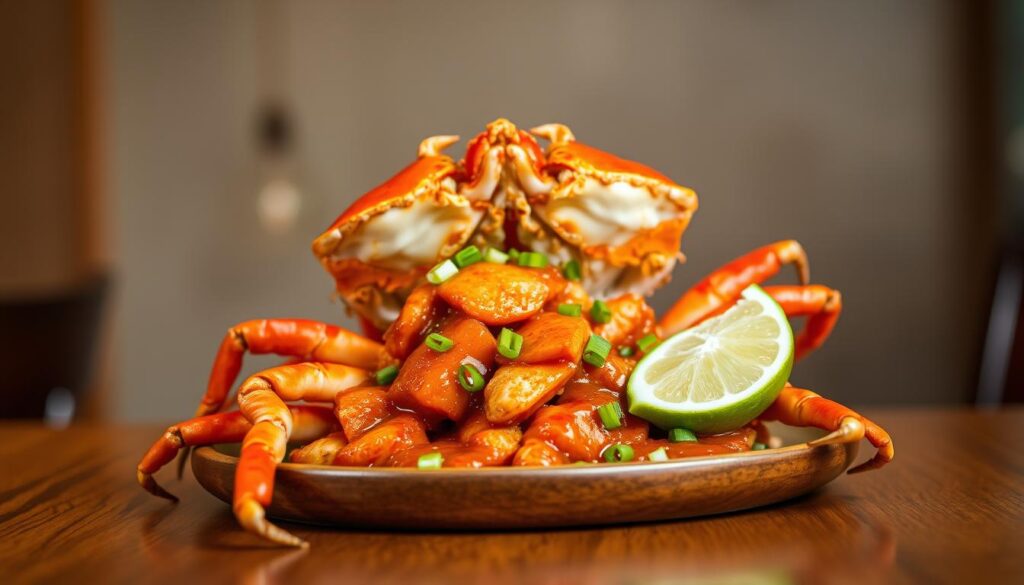 A delectable spread of Mutiara Seafood's signature chili crab, presented on a wooden table against a softly blurred background. The crab's shell glistens under warm, natural lighting, its vibrant orange-red hue accentuated by the saucy, chili-infused gravy. Plump crab meat spills out, complemented by garnishes of chopped scallions and a wedge of fresh lime. The scene evokes the inviting ambiance of a renowned halal seafood establishment, where diners can savor exceptional flavors in a refined, yet approachable setting.