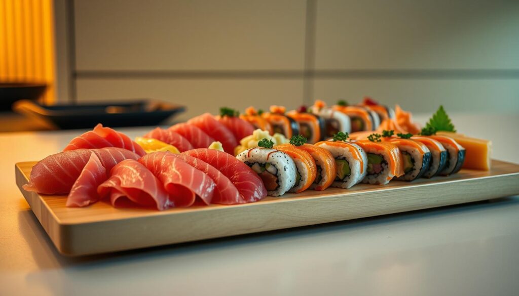 A delectable sushi platter, meticulously crafted and artfully presented on a sleek, wooden serving board. In the foreground, vibrant slices of fresh sashimi glisten under the soft, warm lighting, inviting the senses. Expertly rolled maki sushi and nigiri line the center, their intricate textures and colors creating a visually captivating display. Delicate garnishes, such as ginger and wasabi, accent the plate, adding pops of color and complementing the flavors. The background features a minimalist, Japanese-inspired setting, with clean lines and a serene atmosphere, allowing the sushi to take center stage. The entire scene evokes a sense of refined elegance and the promise of an exceptional dining experience.