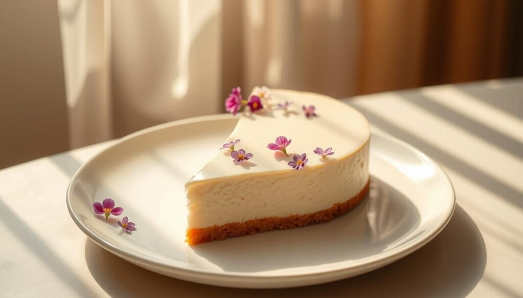 A delicate, Japanese-inspired cheesecake rests on a minimalist white plate, its surface a smooth, creamy expanse dotted with tiny edible flowers. The cake's interior is dense yet light, with a subtle tang that gives way to a pillowy, cloud-like texture. Soft natural lighting filters through gauzy curtains, casting a warm, golden glow and creating gentle shadows that accentuate the cake's elegant simplicity. The overall atmosphere is one of refined sophistication, inviting the viewer to savor the delicate balance of flavors and textures that define this authentic Japanese-style dessert.