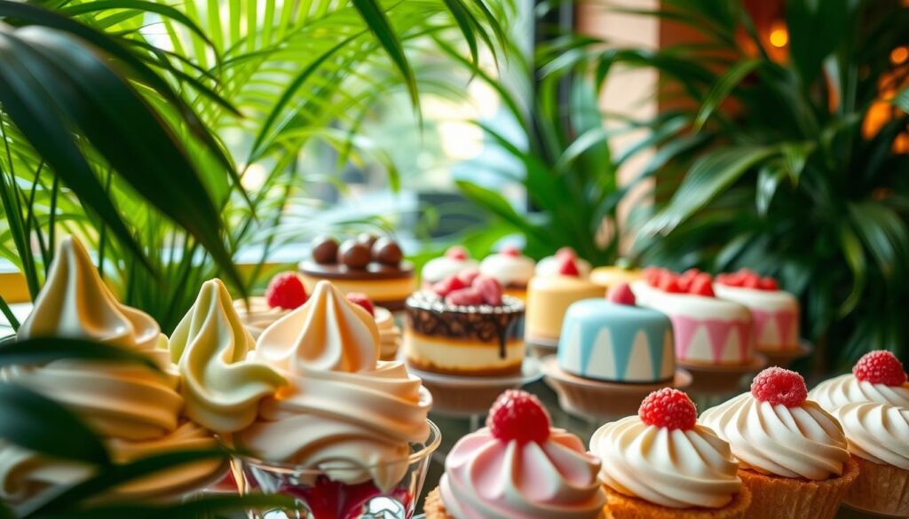 A delicate vegan dessert display in a cozy Singaporean cafe, bathed in warm, soft lighting. In the foreground, an array of creamy, dairy-free ice creams in pastel shades of matcha, coconut, and raspberry. The middle ground features an assortment of decadent vegan cakes and tarts, their glossy toppings and intricate patterns inviting the viewer to indulge. Lush, tropical foliage frames the scene, creating a serene, nature-inspired atmosphere. The overall composition evokes a sense of indulgence and tranquility, perfectly capturing the essence of vegan desserts in the vibrant culinary landscape of Singapore.