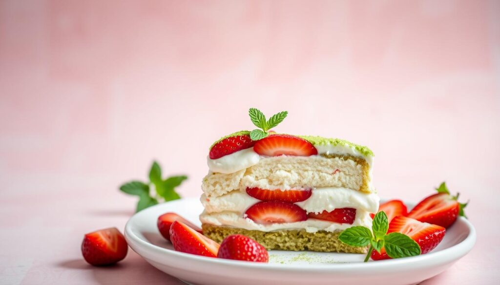 A delightful matcha strawberry shortcake set against a soft, pastel-hued backdrop. In the foreground, a slice of the cake reveals layers of fluffy white sponge, vibrant red strawberries, and a dusting of verdant matcha powder. The dessert is presented on a white ceramic plate, its edges adorned with a scattering of fresh strawberry halves. Soft, diffused lighting casts a warm glow, creating a cozy, inviting atmosphere. In the middle ground, a sprig of mint adds a touch of freshness, while the background is filled with a subtly textured, pale pink surface, evoking the essence of an Asian-inspired patisserie.