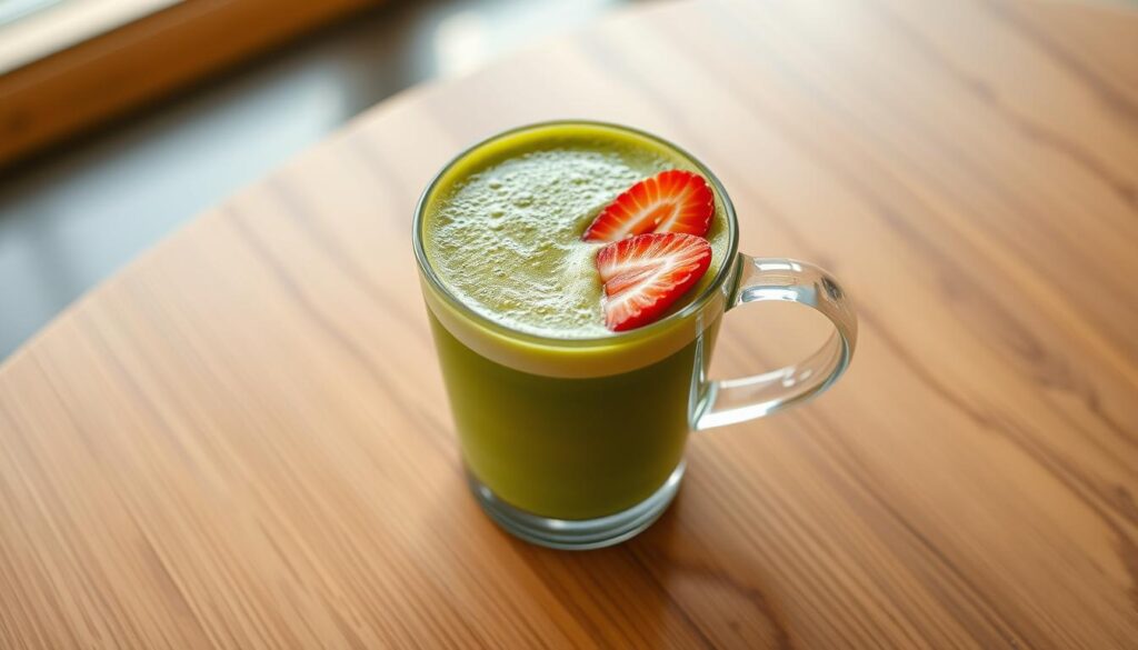 A delightful spring-inspired scene, a stunning matcha latte artfully crafted with fresh strawberry slices. The beverage is presented on a sleek, minimalist wooden table, bathed in warm, soft lighting that enhances the vibrant colors. The strawberry slices are neatly arranged, their juicy red hues contrasting beautifully with the frothy, emerald green matcha. The overall composition evokes a sense of elegance and sophistication, perfect for a trendy, affordable cafe setting. The image captures the essence of a perfectly balanced and visually appealing matcha beverage, inviting the viewer to savor its delicate flavors.