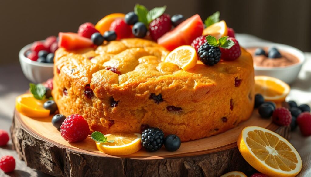 A delightfully light and moist fruit cake, adorned with an array of fresh, vibrant berries and sliced citrus. The cake is presented on a rustic wooden platter, its warm, golden crust contrasting beautifully with the vibrant hues of the fruit. Soft, natural lighting illuminates the scene, casting a gentle glow and highlighting the cake's homemade, wholesome appearance. The composition is balanced, with the cake taking center stage, surrounded by complementary elements that evoke a sense of healthy indulgence. This dietary-friendly fruit cake is the perfect centerpiece for a nourishing and visually appealing dessert spread.