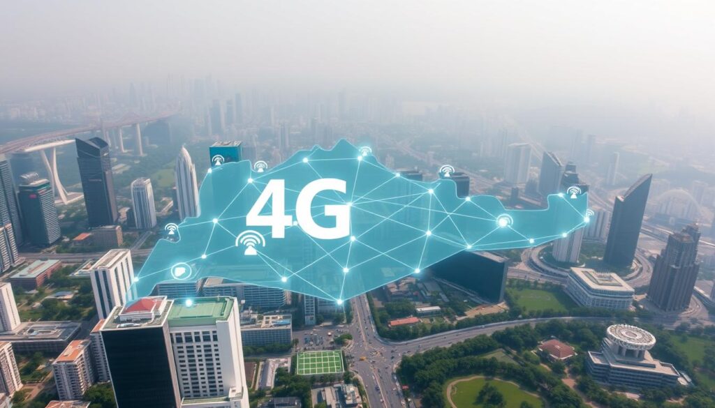 A detailed 4G network coverage map of Singapore, showcasing the robust and widespread connectivity across the island nation. The foreground depicts a cityscape with modern high-rise buildings, bustling streets, and vibrant green spaces. In the middle ground, a semi-transparent overlay of a cellular network grid, with signal strength indicators denoting the strength and reliability of the 4G coverage. The background features a subtly hazy, atmospheric landscape, conveying a sense of technological prowess and seamless communication. The lighting is soft and diffused, creating a clean, professional aesthetic. Captured with a wide-angle lens to provide a comprehensive view of the coverage area, the image effectively communicates the reliability and extensive reach of Singapore's 4G network infrastructure.