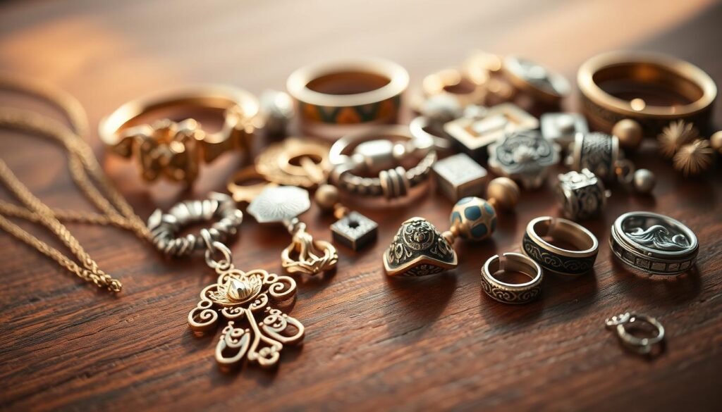 A detailed close-up photograph of locally-crafted Singaporean jewelry and trinkets arranged on a wooden surface. In the foreground, a delicate necklace with a pendant featuring intricate filigree work in gold and silver tones. In the middle ground, an assortment of bracelets, earrings, and rings showcasing traditional motifs like lotus flowers, waves, and geometric patterns. The background is softly blurred, emphasizing the artisanal craftsmanship of the jewelry pieces. The lighting is warm and natural, casting gentle shadows that accentuate the textures and contours of the handmade items. The overall mood is one of elegance, cultural heritage, and the vibrant creativity of Singapore's local artisans.