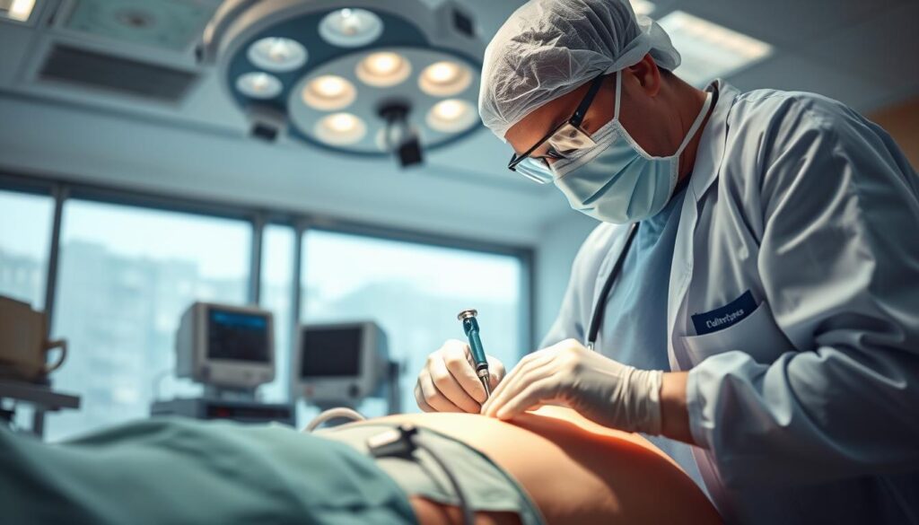A detailed close-up view of a cardiologist performing a procedure on a patient in a modern hospital setting in Singapore. The cardiologist is wearing scrubs, a white coat, and protective gear, intently focused on the task at hand. The patient's chest is partially exposed, with medical equipment and monitors visible. The scene is well-lit, with a combination of overhead surgical lighting and natural light filtering in through large windows. The background is blurred, creating a sense of depth and focus on the central action. The overall atmosphere is one of professionalism, precision, and the importance of the cardiologist's work in safeguarding the patient's health.